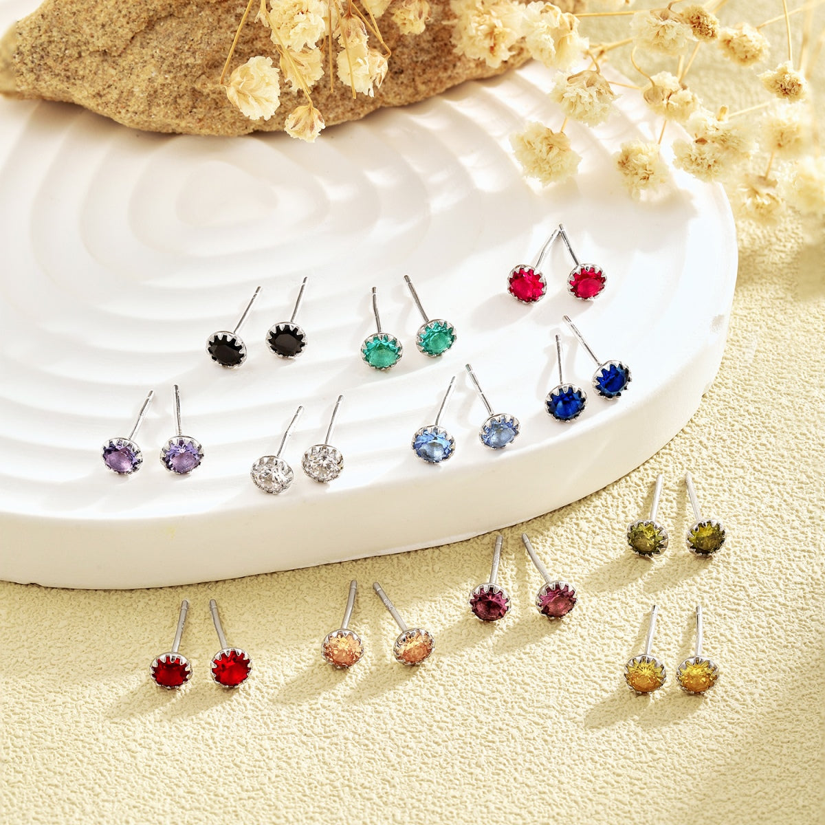 [GALE]Sparkling Colorful Round Shape Earrings