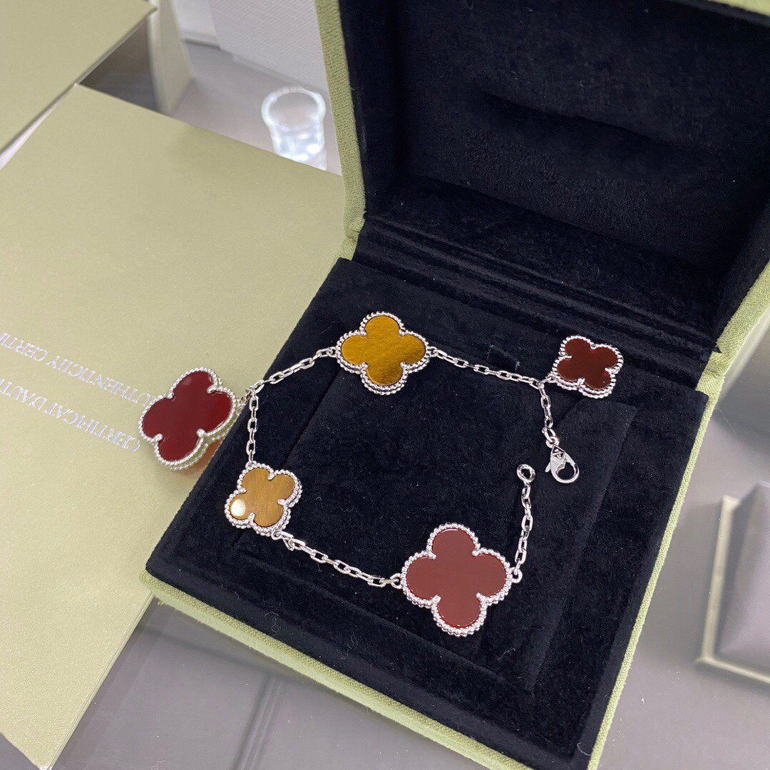 [GALE]CLOVER 5 MOTIFS SIVLER CARNELIAN TIGER EYE BRACELET