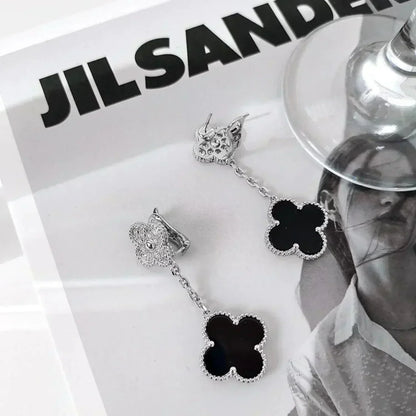 [NOVO]クローバー 2モチーフ ダイヤモンド オニキス イヤリング シルバー