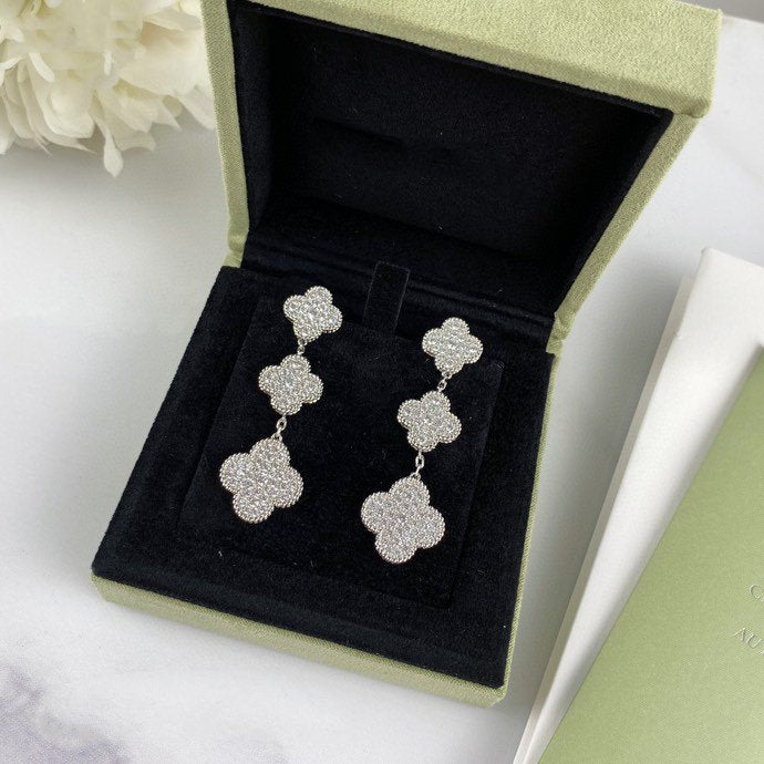 [GALE]CLOVER 3 MOTIF DIAMOND SILVER DROP EARRINGS