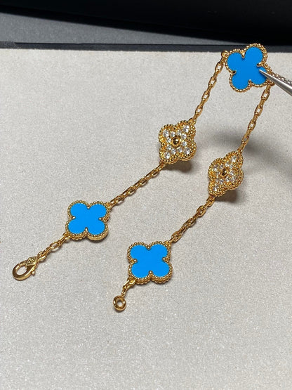 [GALE]CLOVER 5 MOTIF BLUE CHALCEDONY DIAMOND GOLD BRACELET