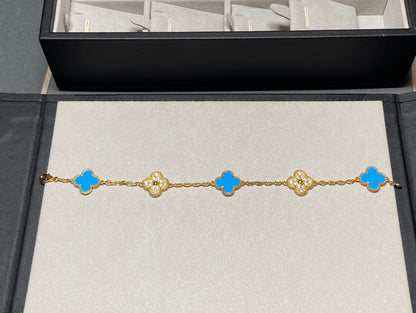 [GALE]CLOVER 5 MOTIF BLUE CHALCEDONY DIAMOND GOLD BRACELET