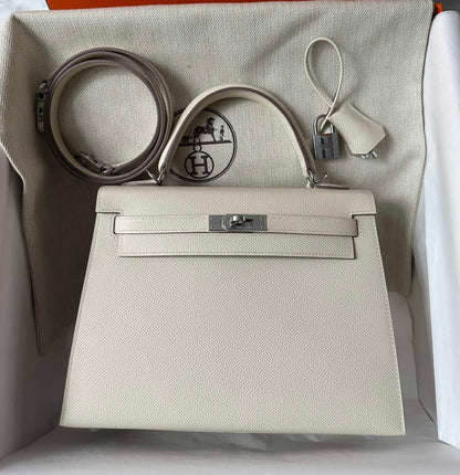 HM KELLY 25CM WHITE EPSOM SILVER HARDWARE