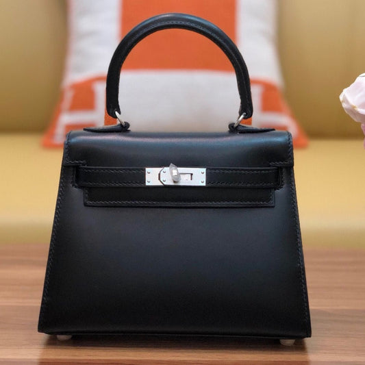 KELLY MINI 20 BAG IN BLACK SMOOTH CALFSKIN WITH SILVER HARDWARE (MADE - TO - ODER)