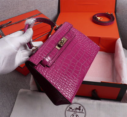 HM KELLY MINI 22 BARBIE PINK CROCODILE EMBOSSED CALFSKIN GOLD HARDWARE