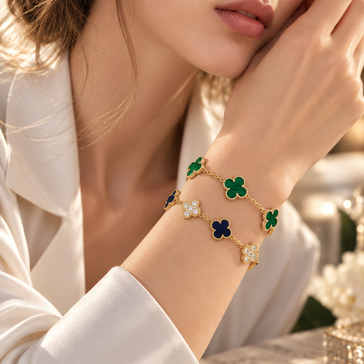 [GALE]Clover 5-Motif Malachite & Pietersite Bracelet Stack Set
