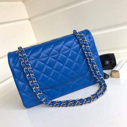 flap bag jumbo 30 blue lambskin silver hardware
