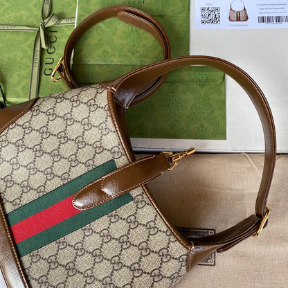 gg jackie small 28cm beige monogram canvas brown calfskin