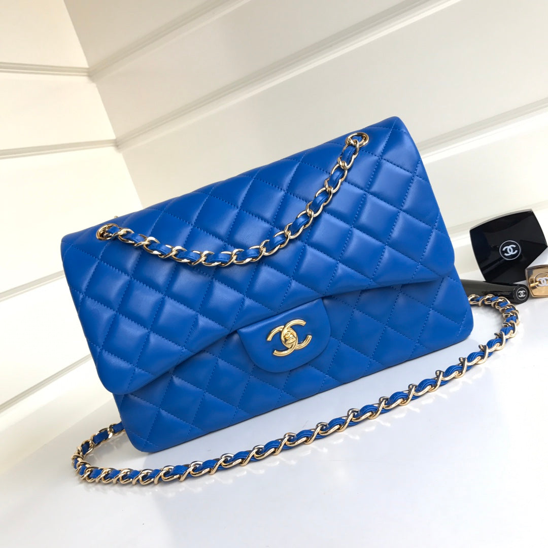 flap bag jumbo 30 blue lambskin gold hardware