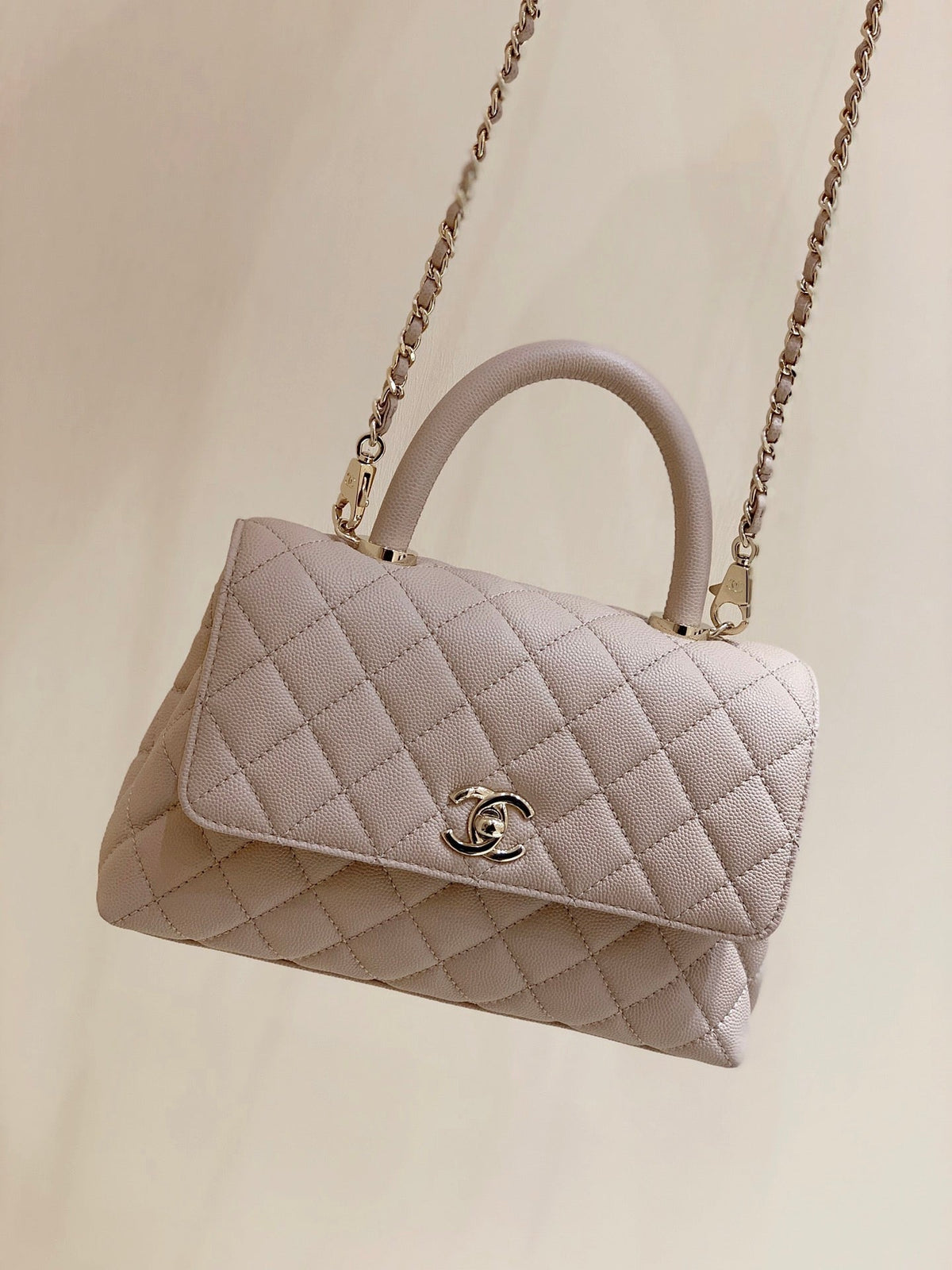 CC Coco Hanle Small 23cm Light Beige Grained Calfskin Gold Hardware