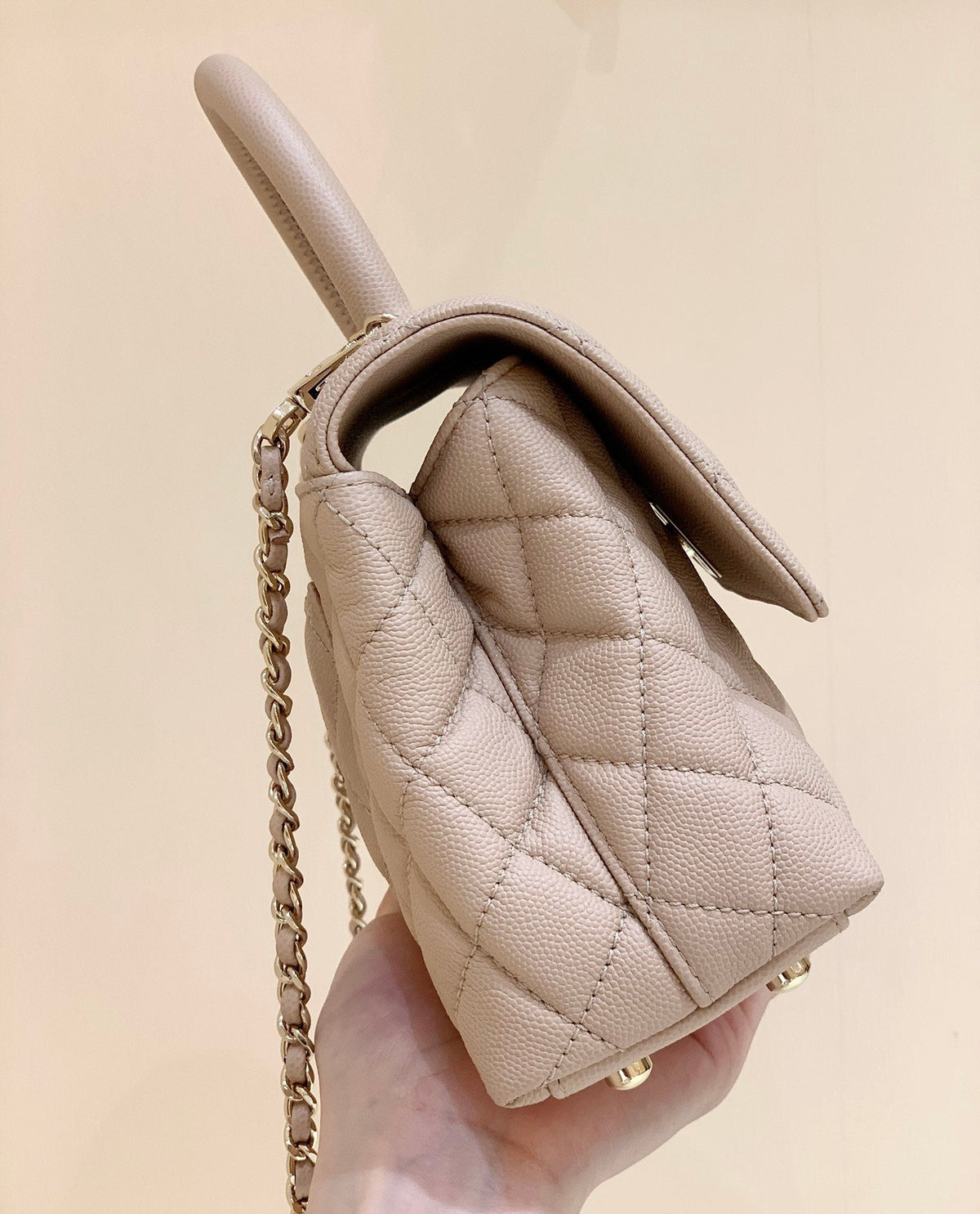 CC Coco Hanle Small 23cm Light Beige Grained Calfskin Gold Hardware