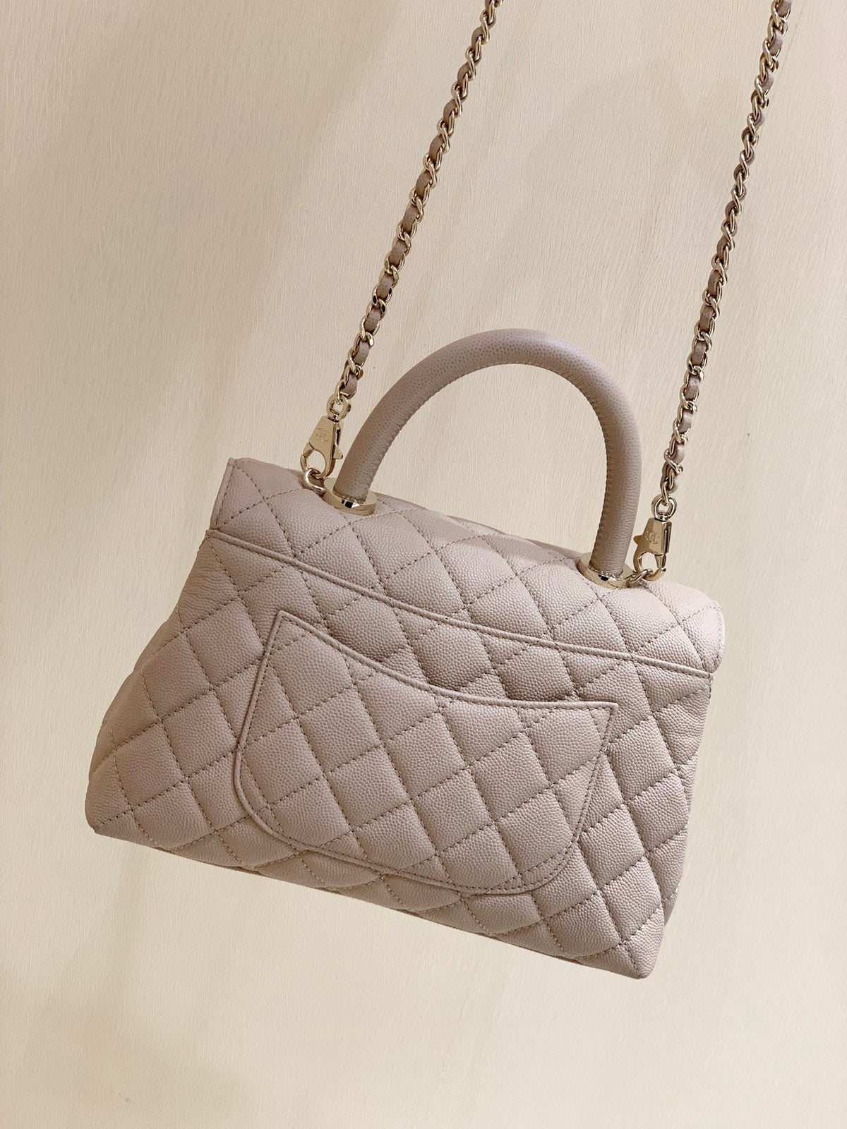 CC Coco Hanle Small 23cm Light Beige Grained Calfskin Gold Hardware