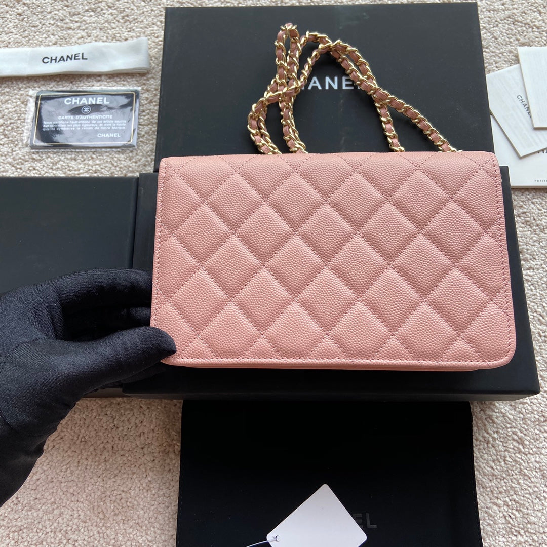 CC Classic Woc 20cm Pink Grained Calfskin Diamond Gold Hardware