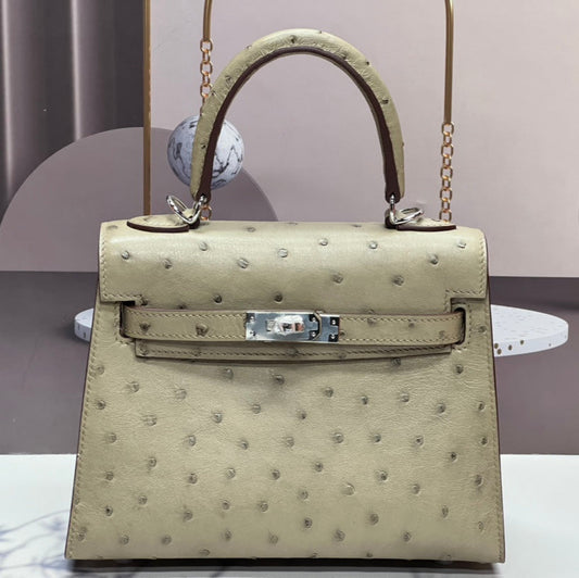 KELLY BAG 20 IN KHAKI TAN OSTRICH LEATHER WITH SILVER HARDWARE (MADE - TO - ODER)