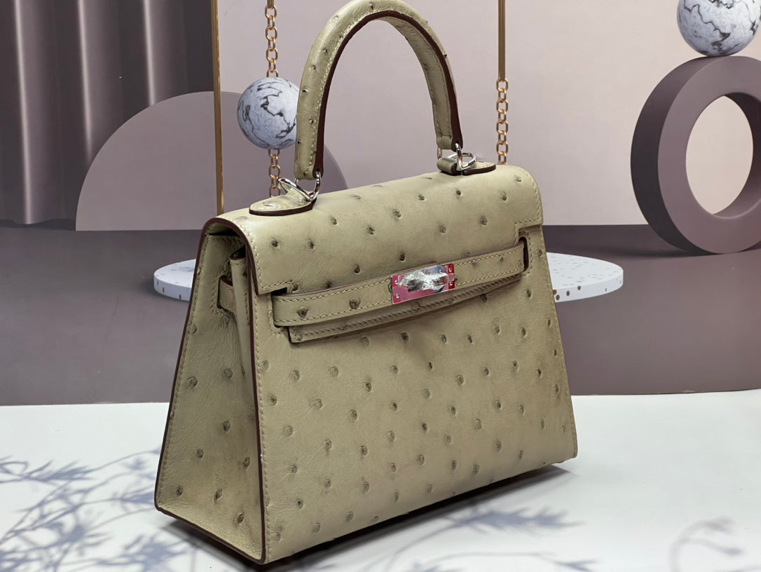 KELLY BAG 20 IN KHAKI TAN OSTRICH LEATHER WITH SILVER HARDWARE (MADE - TO - ODER)