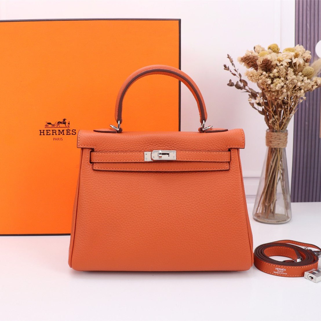 HM KELLY BAG 25 ORANGE TOGO SILVER HARDWARE