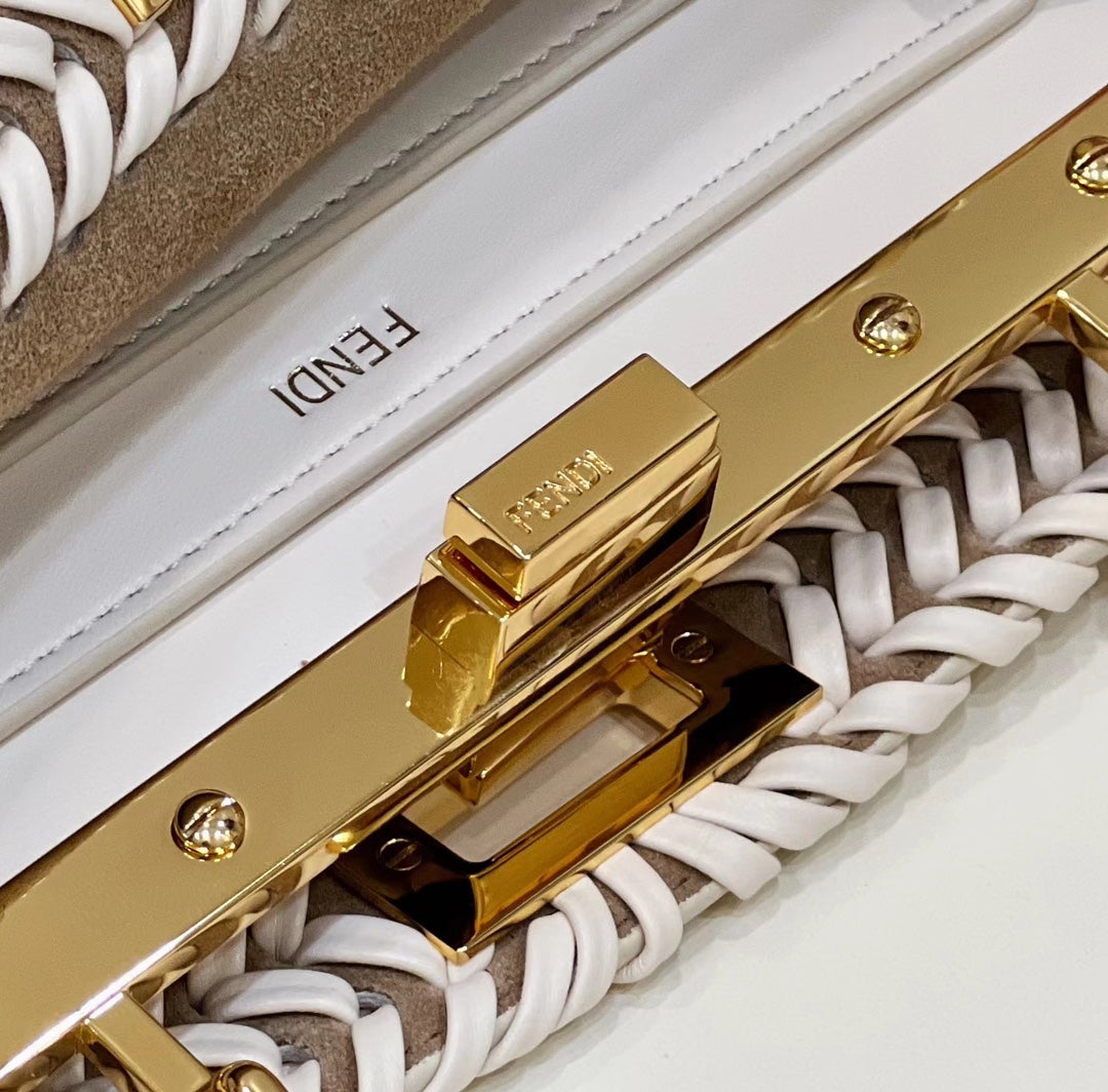 PEEKABOO ISEEU 27 IN WHITE SMOOTH CALFSKIN WITH WOVEN TRIM GOLD HARDWARE
