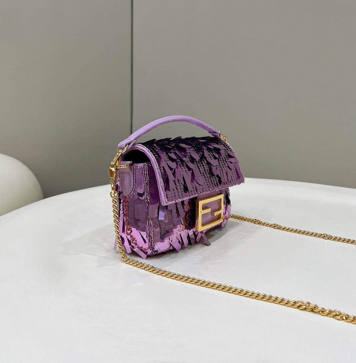BAGUETTE MINI 19 IN PERIWINKLE PURPLE SEQUINS GOLD HARDWARE