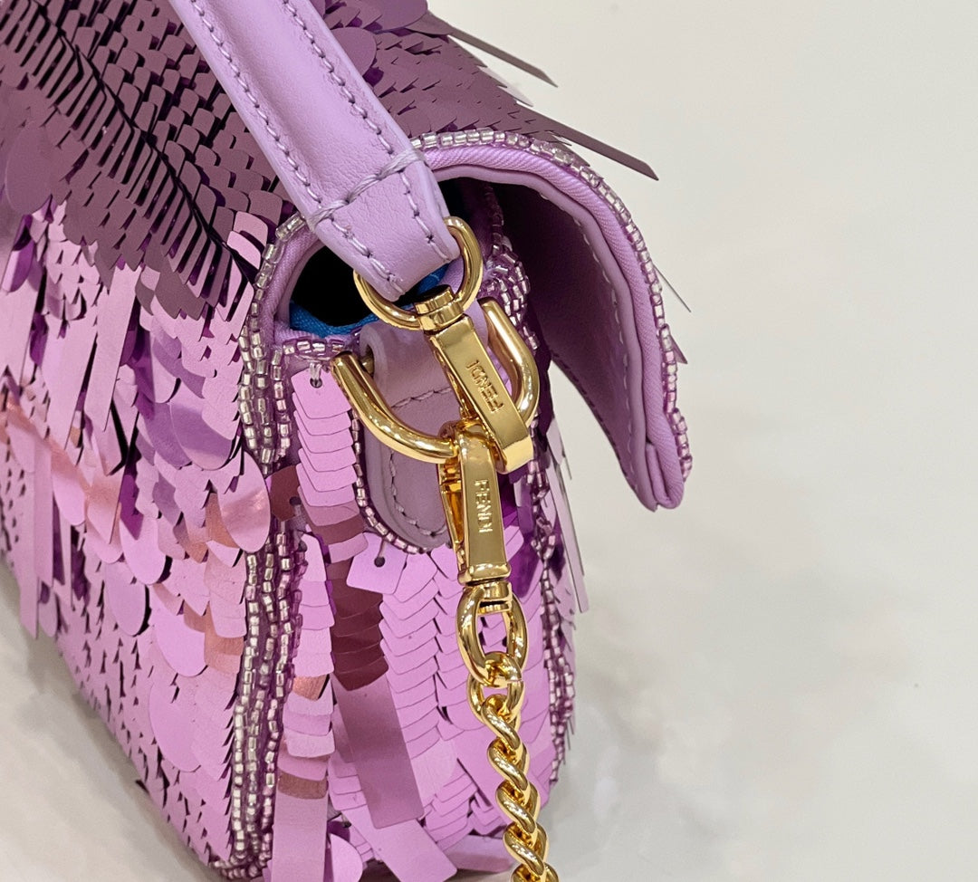 BAGUETTE MINI 19 IN PERIWINKLE PURPLE SEQUINS GOLD HARDWARE