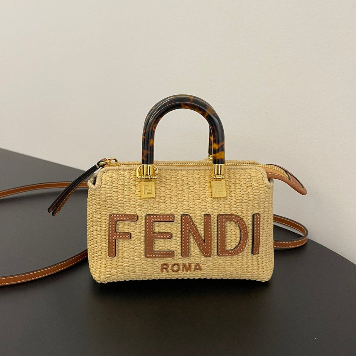 BY THE WAY MINI 18 IN BEIGE STRAW AND BROWN CALFSKIN TRIM