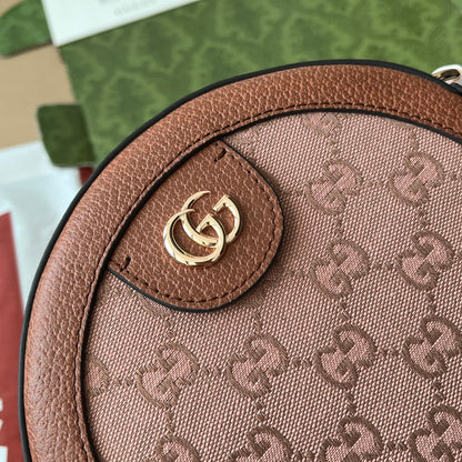 OPHIDIA MINI ROUND SHOULDER BAG 18 IN BLUSH PINK CANVAS AND BROWN LEATHER TRIM
