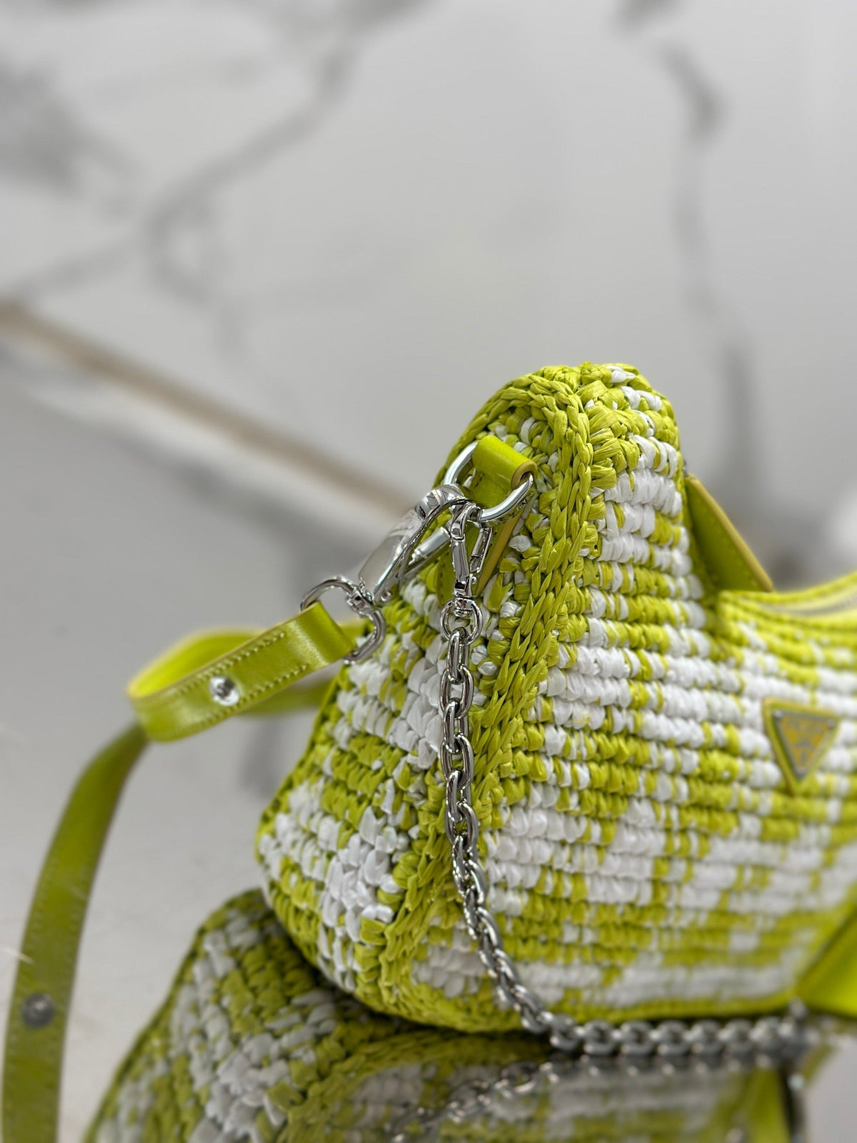 CROCHET HOBO BAG 22 IN VOLT GREEN MIX WHITE RAFFIA SILVER HARDWARE