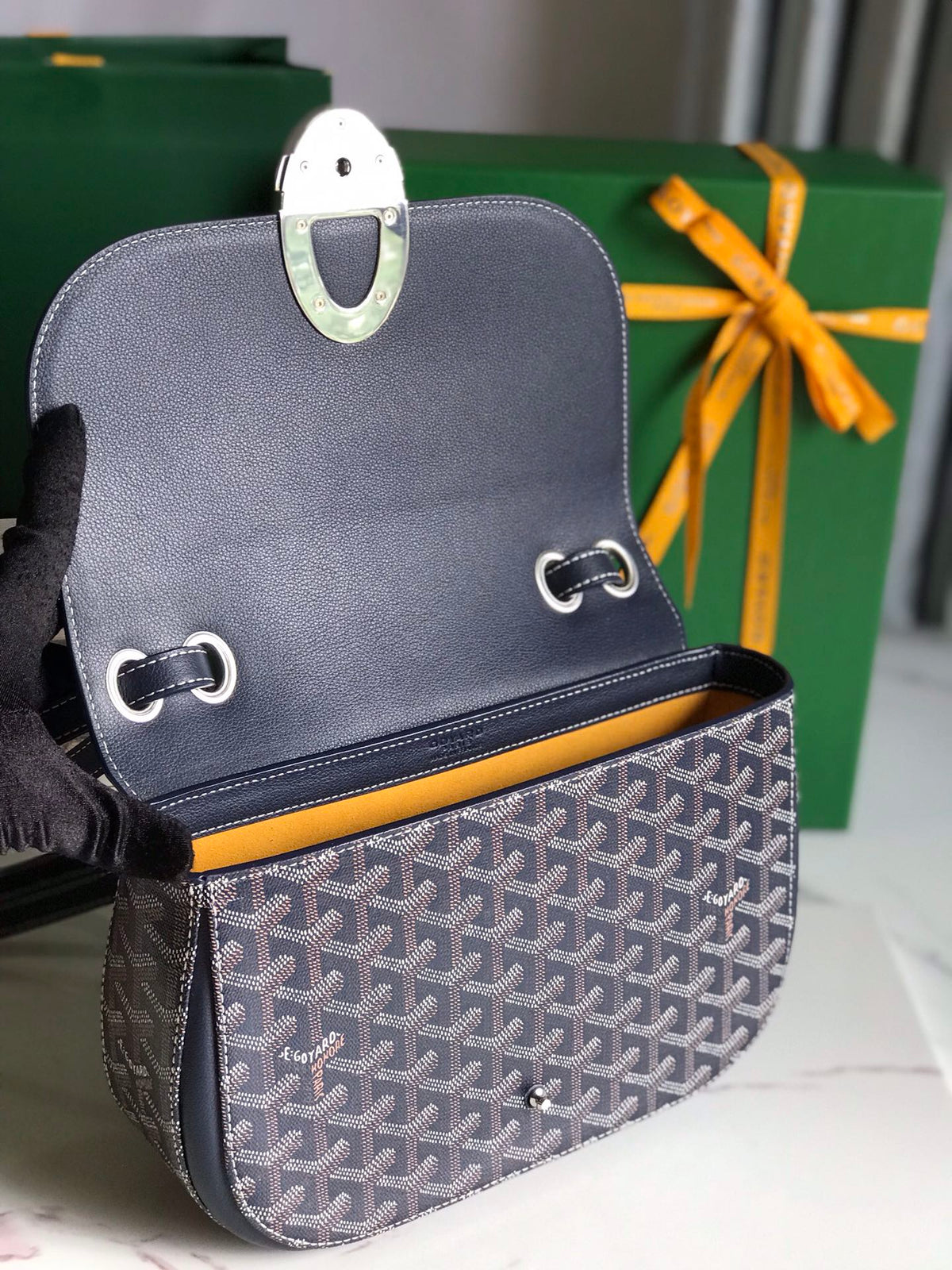233 BAG 25 IN NAVY BLUE CALFKIN AND GOYARDINE CANVAS