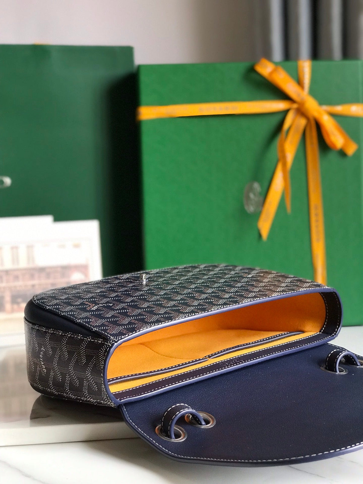 233 BAG 25 IN NAVY BLUE CALFKIN AND GOYARDINE CANVAS