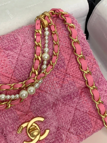 CC 24P Mini Flap Bag 17cm Pink Tweed Pearl Chain Gold Hardware