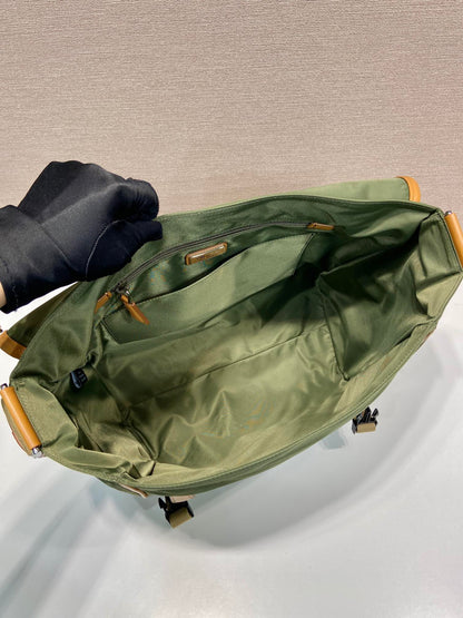 LARGE FLAP BAG 30 IN SEAWEED GREEN RE-NYLON AND BROWN CALFSKIN TRIM