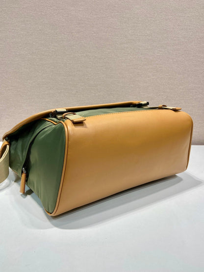 LARGE FLAP BAG 30 IN SEAWEED GREEN RE-NYLON AND BROWN CALFSKIN TRIM