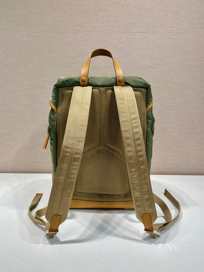 BACKPACK 45 IN SEAWEED GREEN RE-NYLON AND BROWN CALFSKIN TRIM