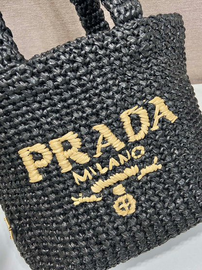 SMALL CROCHET TOTE BAG 24 IN BLACK MIX YELLOW RAFFIA