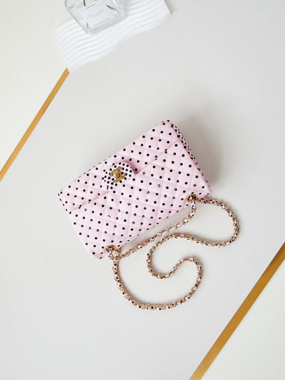 24p medium flap bag 25cm pink canvas black polka dot