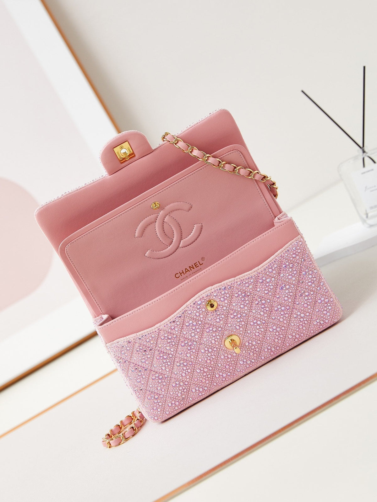 24b medium flap bag 25cm pink lambskin silver purple diamond