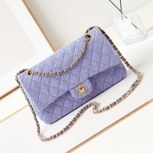 24p medium flap bag 25cm purple blue tweed gold hardware