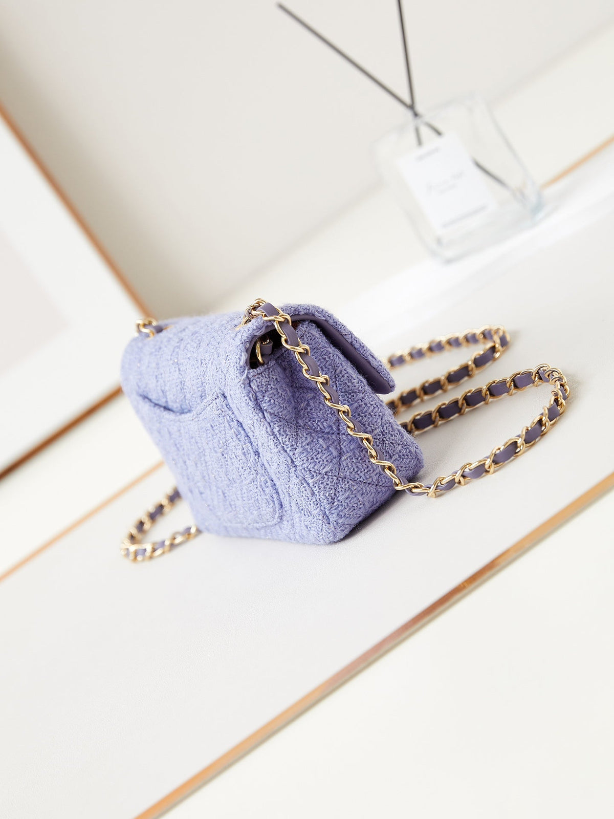 24p small flap bag 20cm purple blue tweed gold hardware