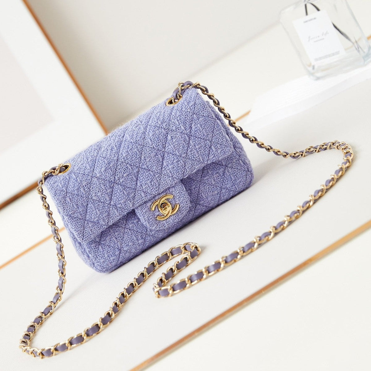 24p small flap bag 20cm purple blue tweed gold hardware