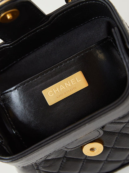 CC 24A Mini Top Handle 13cm Black Wax Leather Gold Hardware 238455