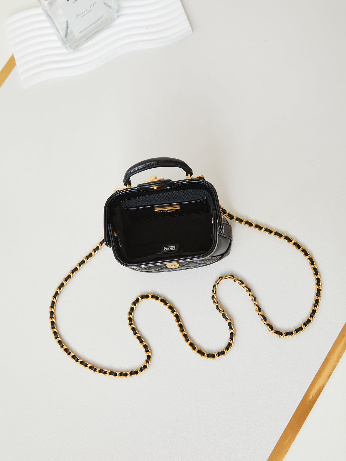 CC 24A Mini Top Handle 13cm Black Wax Leather Gold Hardware 238455