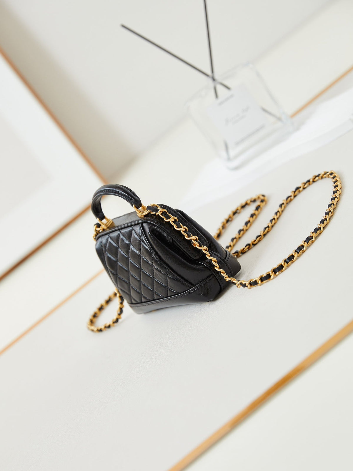 CC 24A Mini Top Handle 13cm Black Wax Leather Gold Hardware 238455