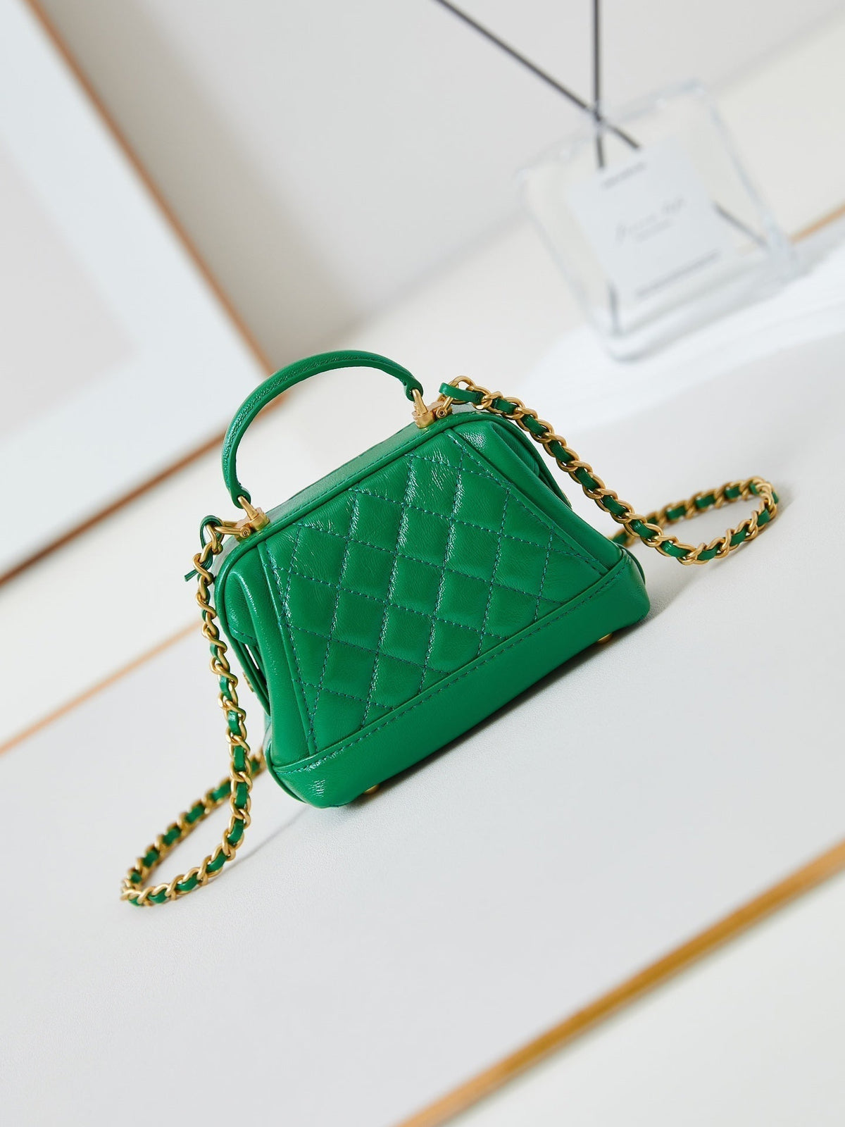 CC 24A Mini Top Handle 13cm Green Wax Leather Gold Hardware 238465