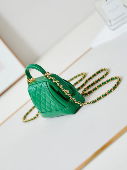 CC 24A Mini Top Handle 13cm Green Wax Leather Gold Hardware 238465
