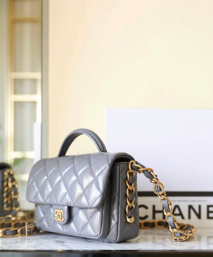 cc 24a flap bag 20cm top handle grey lambskin gold hardware