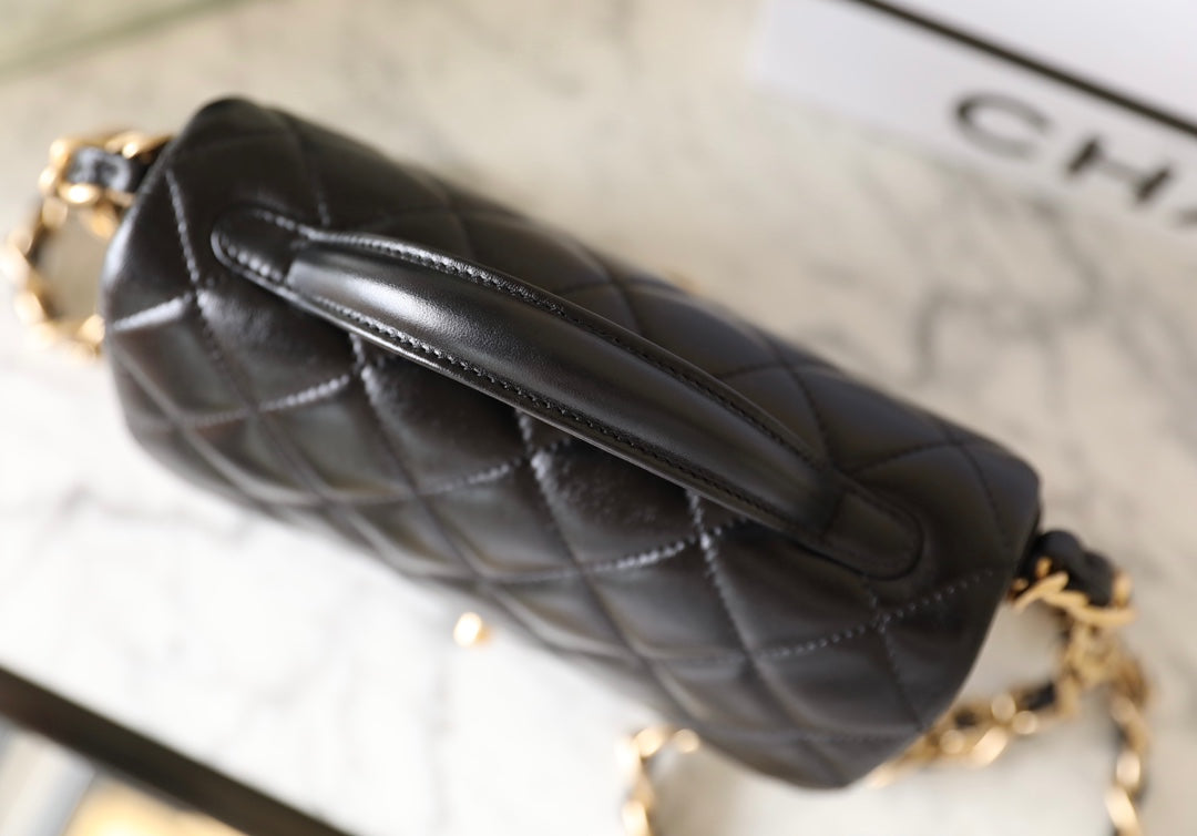 cc 24a flap bag 20cm top handle black  lambskin gold hardware