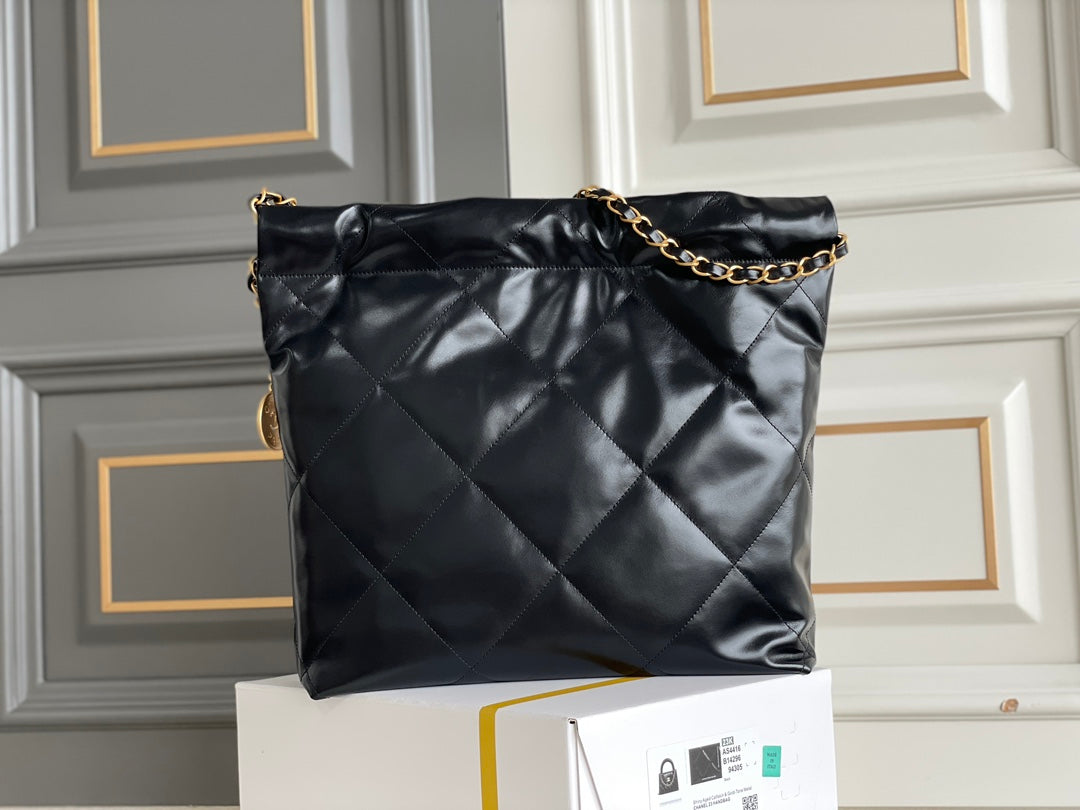 24B CC 22 Hobo Bag 35cm Black Lambskin Gold Hardware