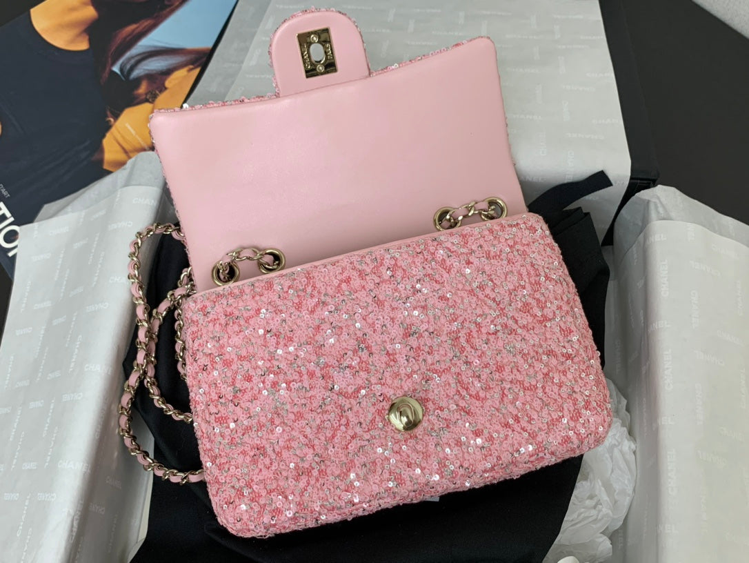 25C Flap Bag 20cm Pink Polka Dot Silver Sequin Calfskin