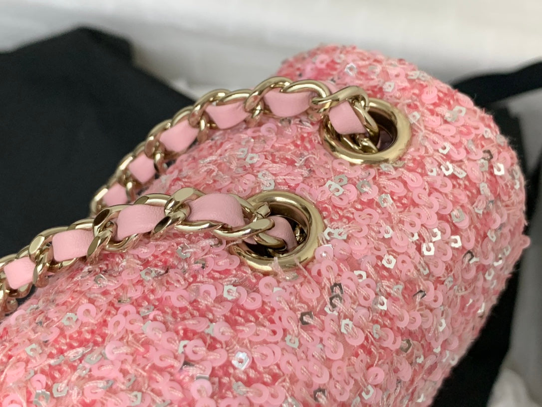 25C Flap Bag 20cm Pink Polka Dot Silver Sequin Calfskin