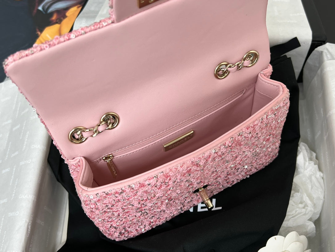 25C Flap Bag 20cm Pink Polka Dot Silver Sequin Calfskin