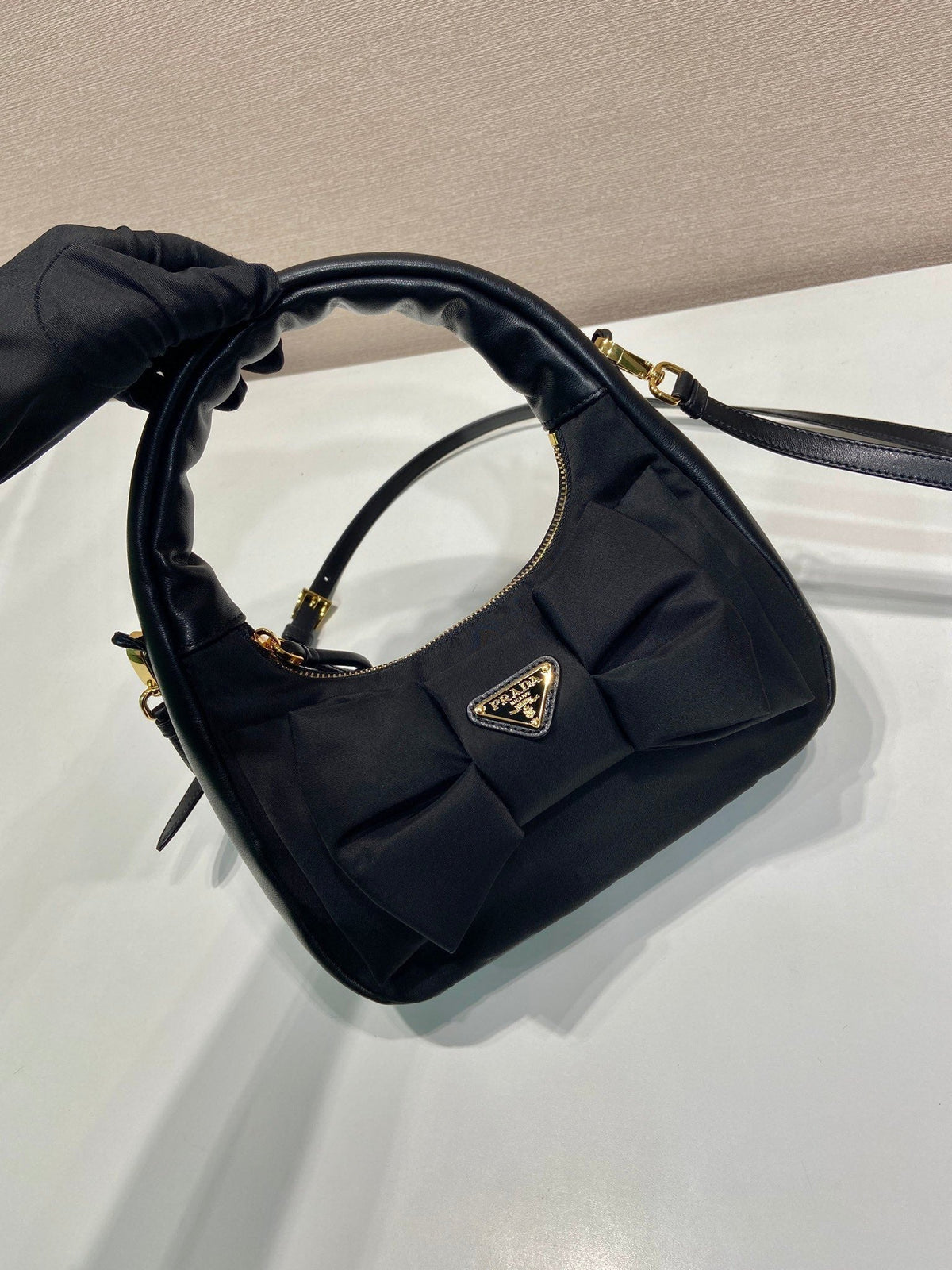 BOW HOBO BAG 22 IN BLACK RE-NYLON AND LAMBSKIN